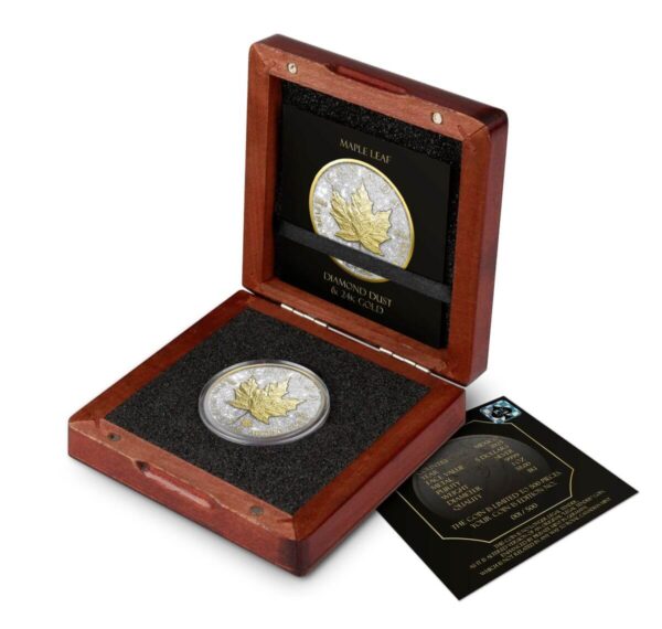 2025 Canada Maple Leaf Diamond Dust & 24k Gold 1oz Silver Ennobled Coin Box Open