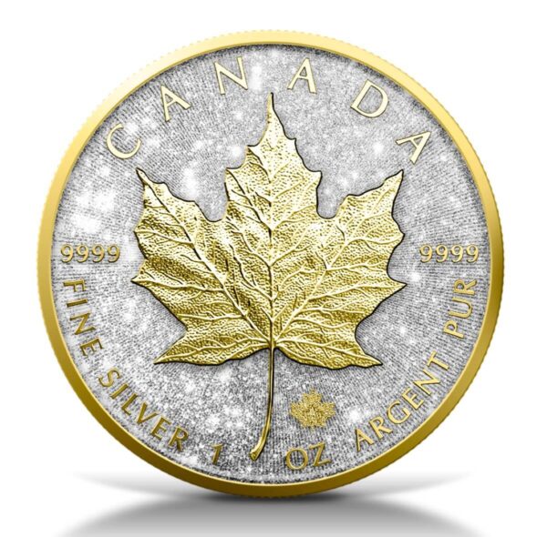 2025 Canada Maple Leaf Diamond Dust & 24k Gold 1oz Silver Ennobled Coin Front