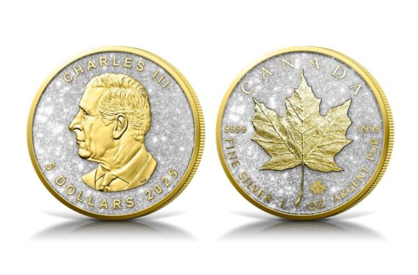 2025 Canada Maple Leaf Diamond Dust & 24k Gold 1oz Silver Ennobled Coin Front and Back
