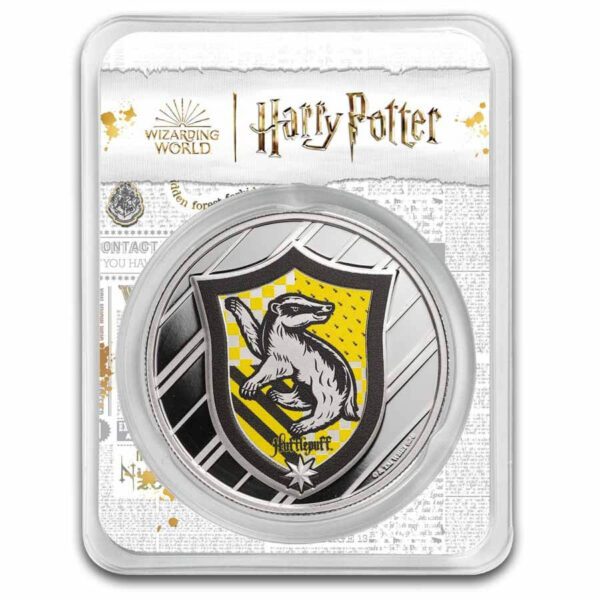 Front view of the 2025 Harry Potter Hufflepuff 1 oz Silver Colorized Coin sealed in tamper-evident packaging, showing the Hufflepuff crest with badger symbol over yellow and black background, housed within clear plastic casing with Harry Potter branding at the top.