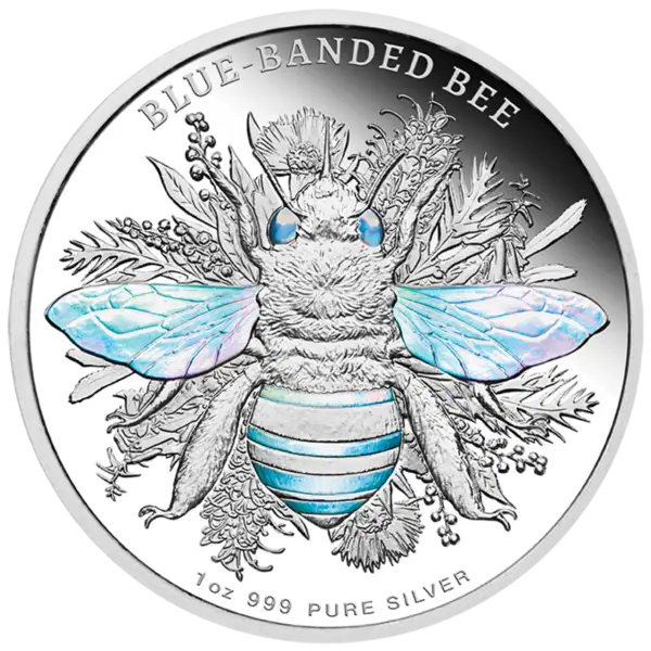 2025 Niue Australian Native Bees Blue Banded Bee 1 oz Silver Proof Hologram Coin front side