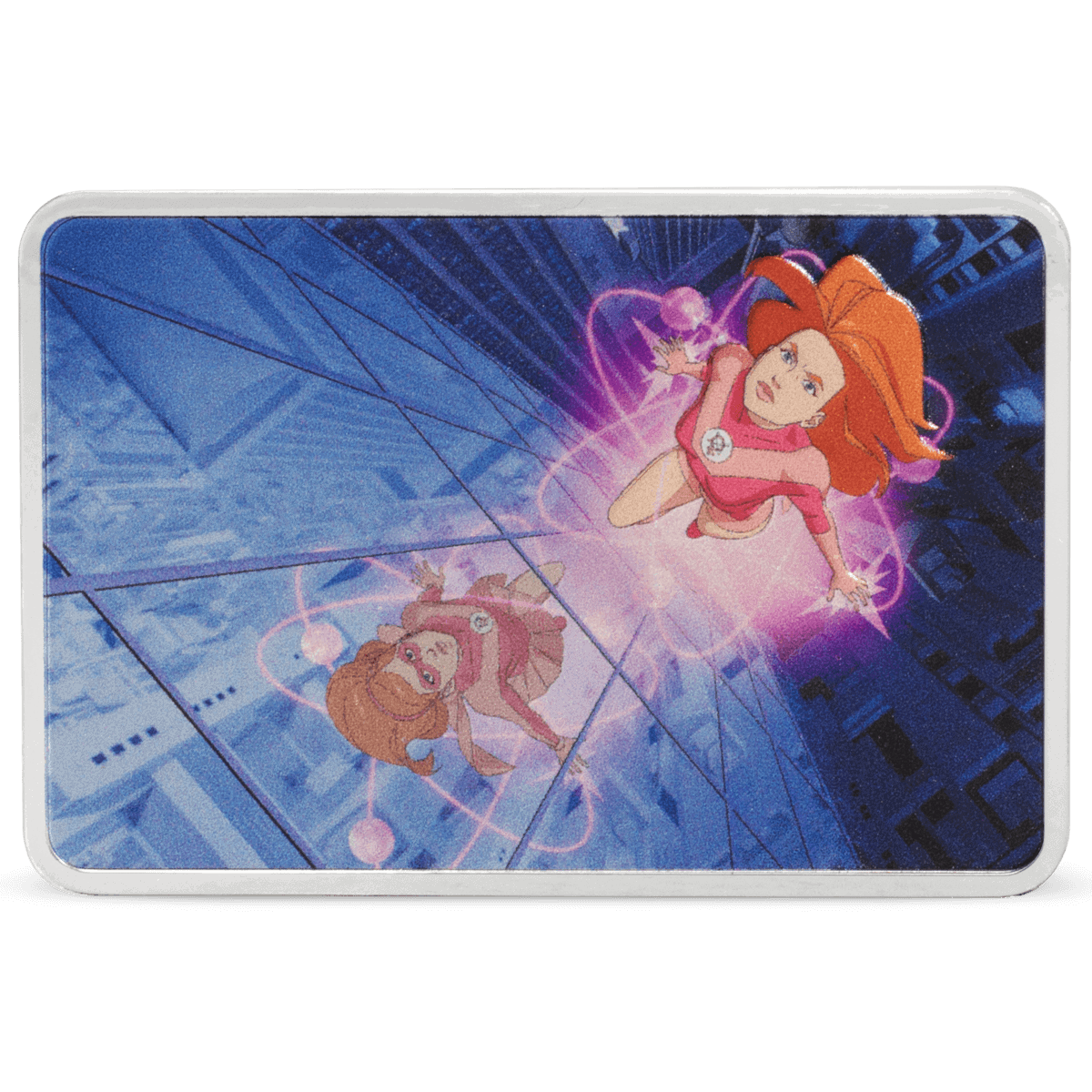 Shimmering collectible coin featuring a vibrant image of a red-haired female character in a pink outfit, surrounded by glowing pink energy, against an urban night cityscape background.