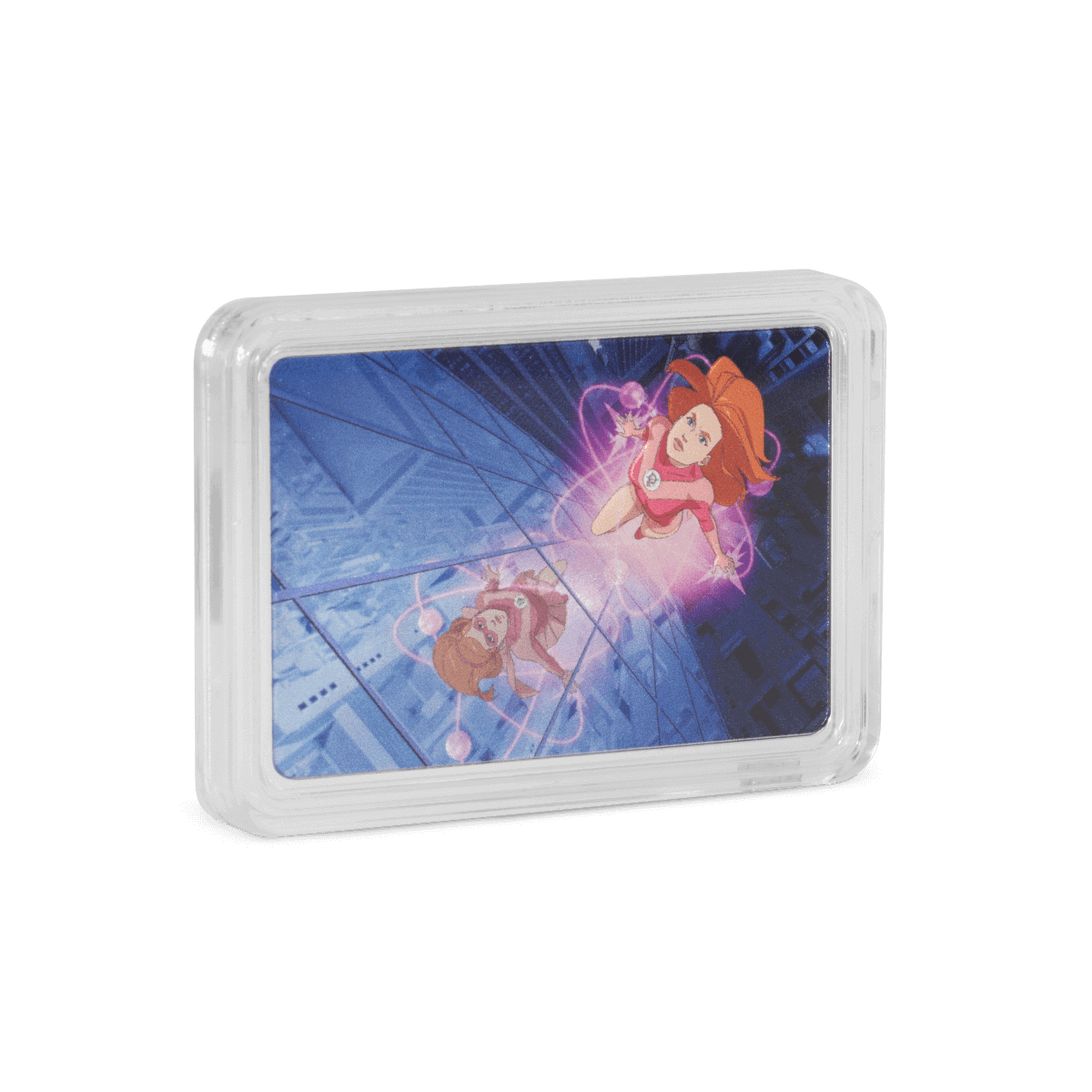 Colorful animated character coin featuring a girl with red hair in a pink outfit, surrounded by pink energy, set against a dark technological background.