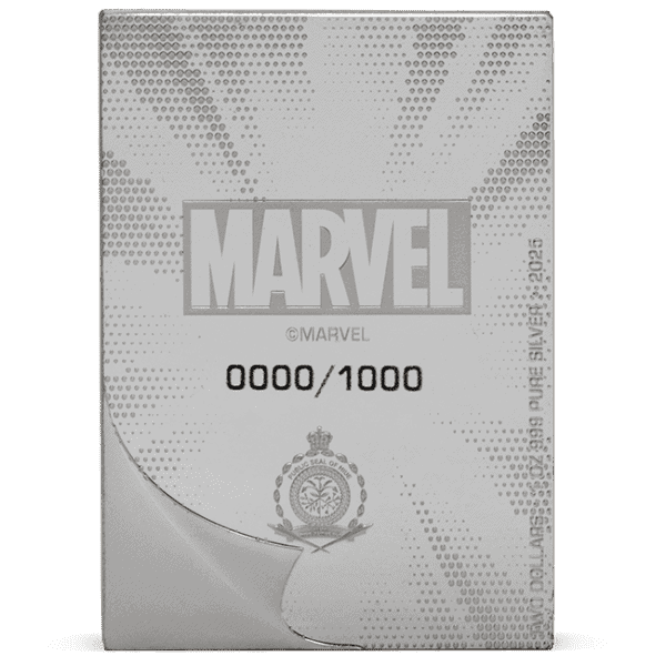 The reverse side of a 2025 Niue Marvel COMIX Art-in-Motion Fantastic Four #1 cover 1oz silver coin, showing the Marvel logo and the coin's mintage number.