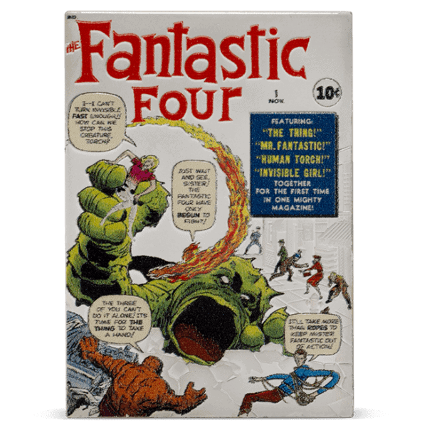 The front of a 2025 Niue 1 oz silver coin featuring the colorized classic cover art of Fantastic Four #1, depicting the team battling a monster.