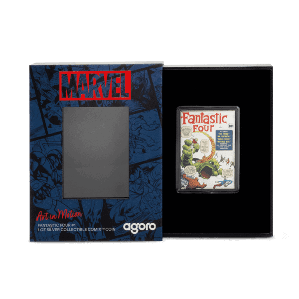 The open presentation box for the 2025 Niue Marvel Comics "Fantastic Four #1 Cover" 1 oz silver coin, revealing the coin nestled within and a portion of the comic book artwork on the left.