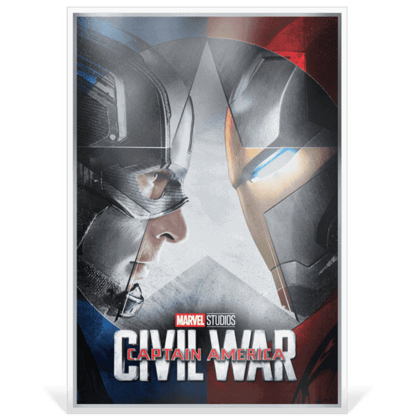 Front view of the 2025 Niue Marvel Infinity Saga Phase 3: Captain America Civil War 1.5 oz Silver Foil featuring sculpted design of Captain America and Iron Man facing off; “Civil War” title centered between characters on high-relief silver surface.