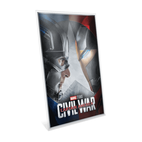 Side view of the 2025 Niue Marvel Infinity Saga Phase 3: Captain America Civil War 1.5 oz Silver Foil showing sculpted image of Captain America in high-relief silver; part of GR Reserve series with Civil War branding visible.