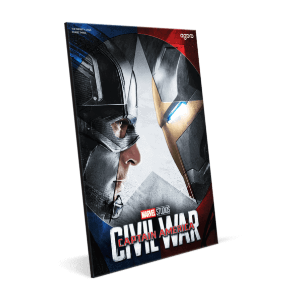 Side view of GR Reserve packaging for the 2025 Niue Marvel Infinity Saga Phase 3: Captain America Civil War 1.5 oz Silver Foil; box features dramatic artwork of Captain America and Iron Man facing off with “Civil War” title and GR Reserve branding.