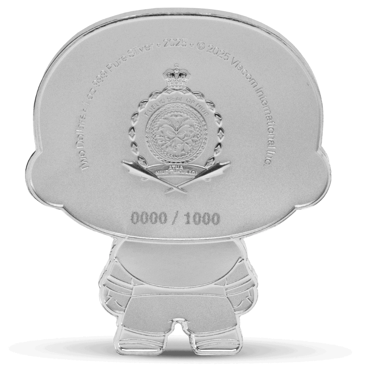 Shiny silver collectible coin with the royal emblem and inscription, mounted on a cartoonish figure stand, featuring an organization crest, year 2025, and limited edition numbering 0000/1000.
