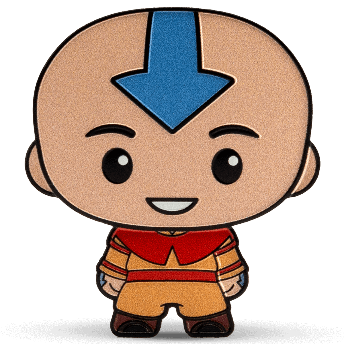 Cute cartoon character with a blue arrow on its forehead, wearing a red and brown outfit, smiling cheerfully.