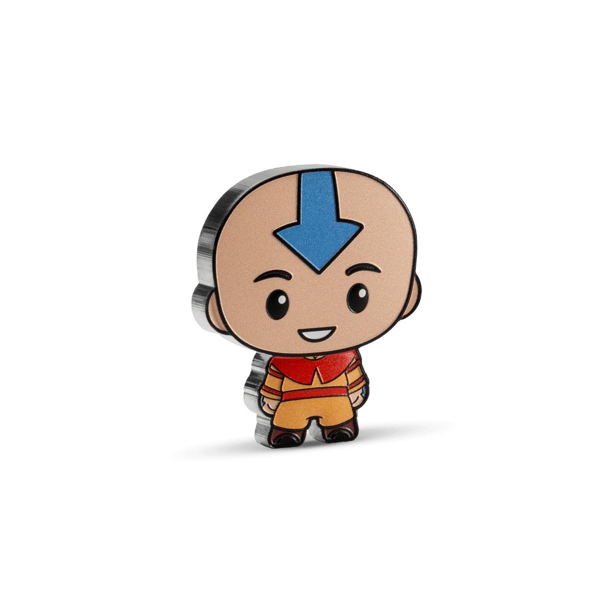 Colorful collectible coin featuring Aang from Avatar: The Last Airbender, with a blue arrow on his head, smiling, dressed in traditional air nomad attire. Perfect for fans and collectors.