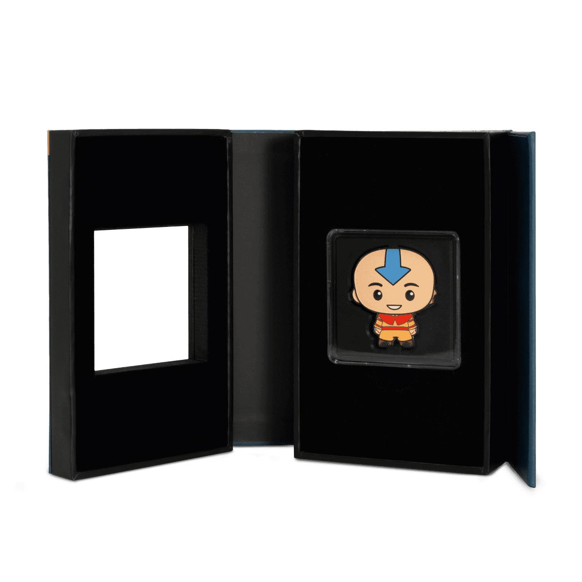 Funny avatar coin featuring a chibi-style character with a blue arrow on the head in a black presentation case.