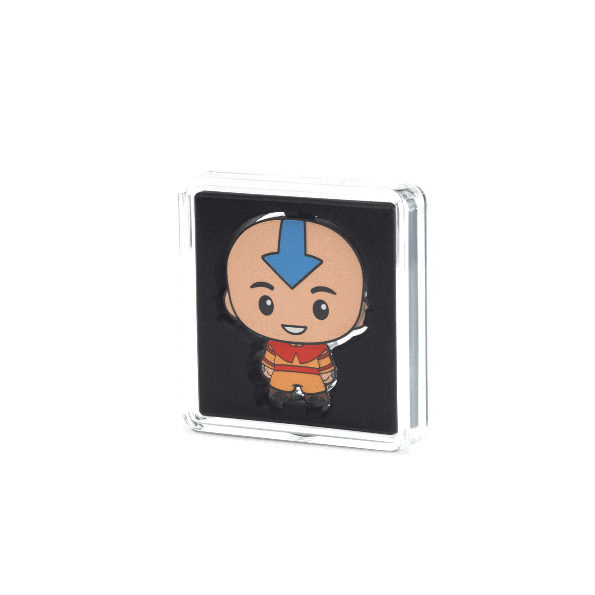 Cute collectible coin featuring Aang from Avatar The Last Airbender, in a chibi style with bright colors, encased in a clear protective display box.