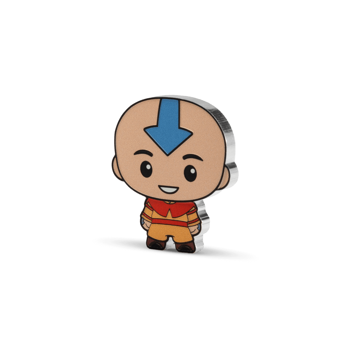Colorful cartoon coin featuring Aang from Avatar The Last Airbender, with a blue arrow on his forehead, wearing traditional Air Nomad attire, collectible metallic design.