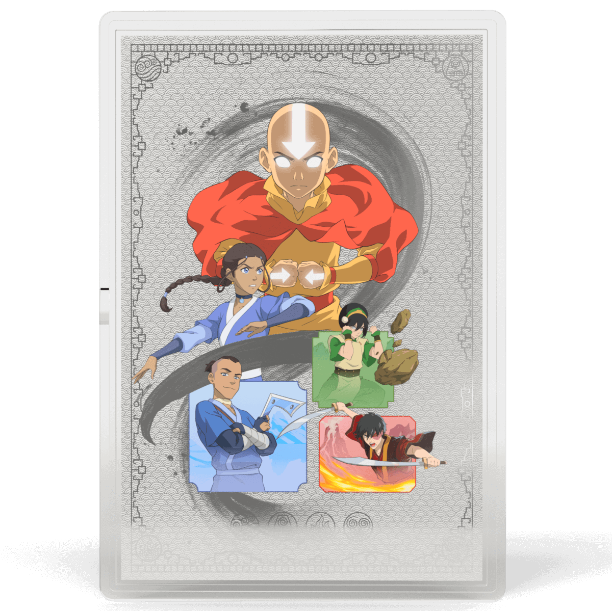Aang and companions from Avatar: The Last Airbender depicted on collectible coin with anime-style artwork.