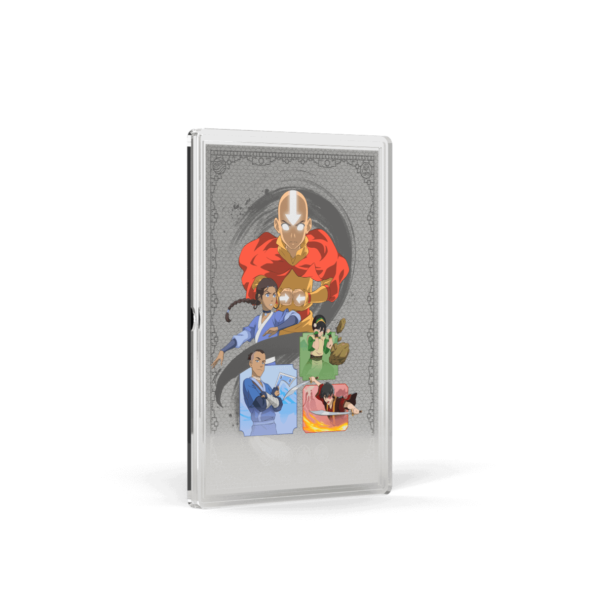 Coin featuring characters from Avatar the Last Airbender, with prominent figures such as Aang, Katara, Sokka, Toph, and Zuko, in a colorful animated style.