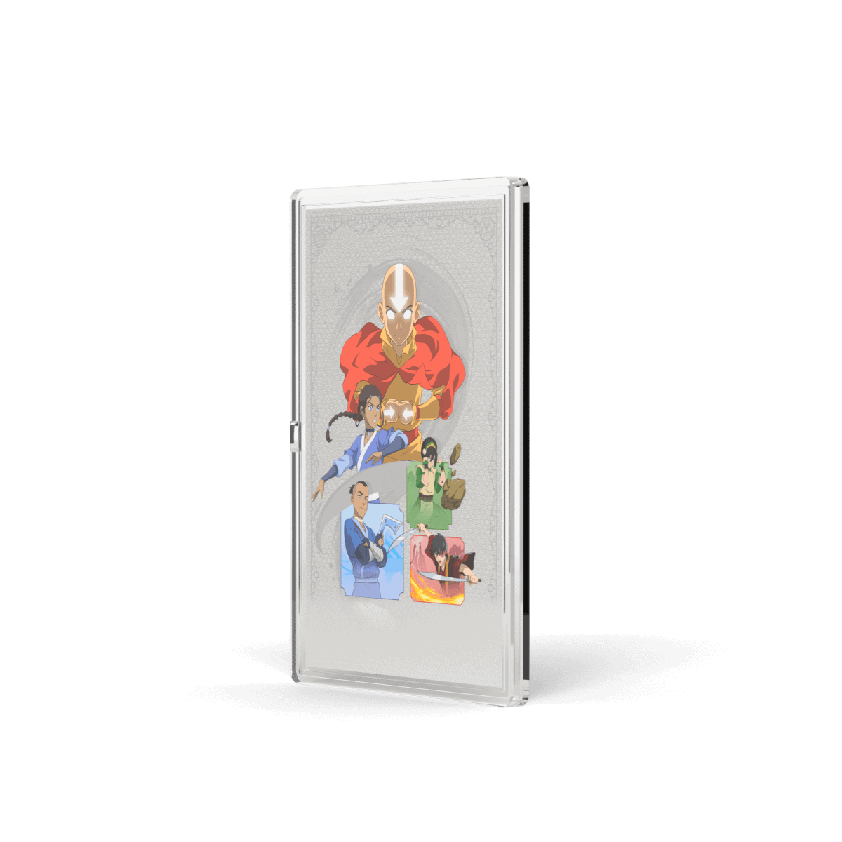 Anime-inspired collectible coin case featuring characters from Avatar The Last Airbender, including Aang in the center with his friends. Transparent design showcases detailed character artwork.