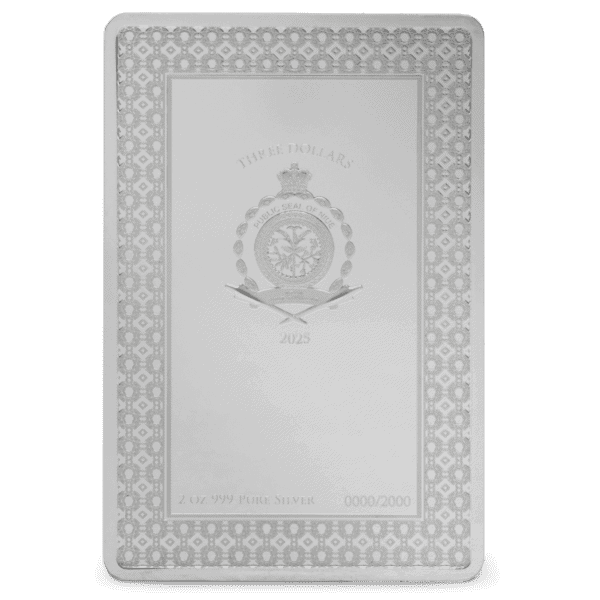 Reverse of the 2025 Niue Star Signs of the Zodiac Leo 2 oz Silver Colorized Proof Coin in rectangular format, featuring a right-facing effigy of King Charles III, inscriptions including “CHARLES III,” “2025,” “NIUE,” “TWO DOLLARS,” and “2oz 999 SILVER,” all set within a decorative bordered frame on a proof-finish background.