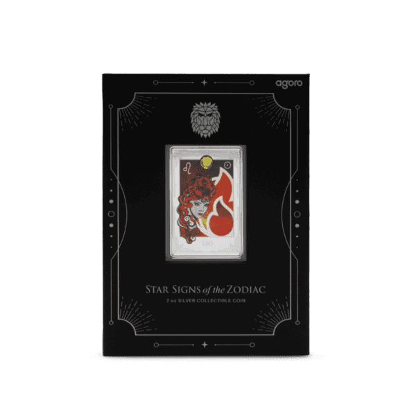 Front-facing view of the 2025 Niue Star Signs of the Zodiac Leo 2 oz Silver Colorized Proof Coin packaging showing a sleek black box with cosmic background, Leo zodiac symbol, bold “LEO” text, and “STAR SIGNS OF THE ZODIAC” branding in silver.