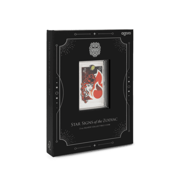 Side view of the 2025 Niue Star Signs of the Zodiac Leo 2 oz Silver Colorized Proof Coin box showing the black outer packaging with stylized flame pattern, white “THE ROYAL MINT” logo at the base, and partial colorized Leo coin artwork visible at center.