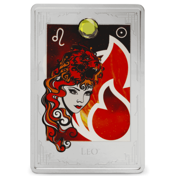 Obverse of the 2025 Niue Star Signs of the Zodiac Leo 2 oz Silver Colorized Proof Coin featuring a red-haired woman with glowing golden eyes surrounded by stylized flames, the Leo zodiac glyph near her forehead, and the word “LEO” in ornate lettering at the bottom.