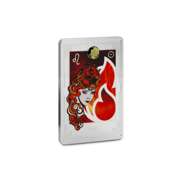 Rectangular-shaped 2025 Niue Star Signs of the Zodiac Leo 2 oz Silver Colorized Proof Coin featuring a stylized roaring lion’s head with golden mane, vibrant flame motifs, the Leo glyph near top center, and intricate colorized detailing throughout.
