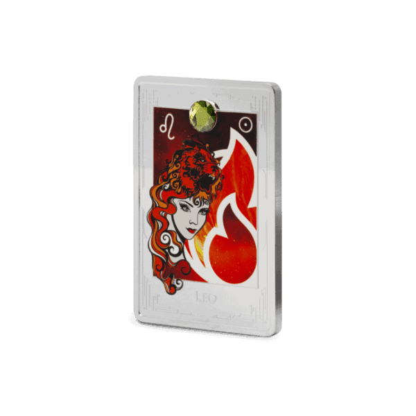 Angled right-side view of the 2025 Niue Star Signs of the Zodiac Leo 2 oz Silver Colorized Proof Coin showing a vivid depiction of a red-haired woman with glowing golden eyes and flame motifs, the Leo symbol at her forehead, and intricate sculpted relief in silver and color.