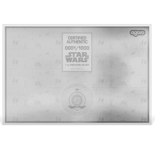 Back view of Star Wars TIE Fighter blueprint 1oz silver colorized foil with certificate of authenticity