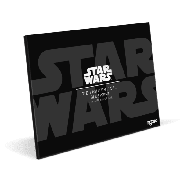 Star Wars The Mandalorian collectible box featuring blueprint design of TIE Fighter on 1oz silver colorized foil