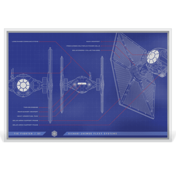 Front view of Star Wars TIE Fighter blueprint design on 1oz silver colorized foil collectible