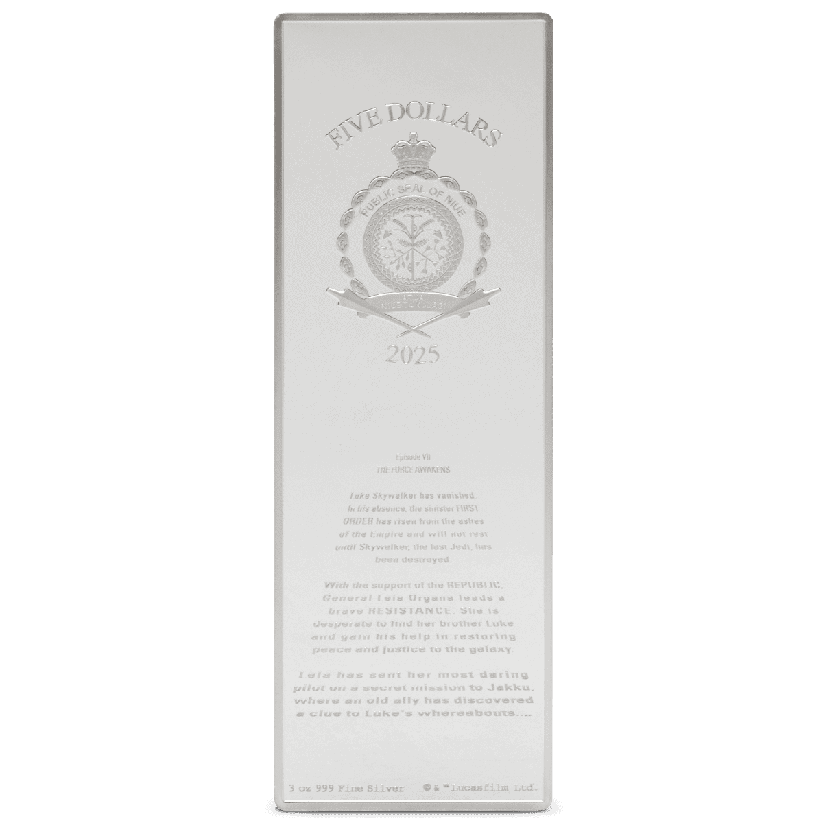 Shining silver collectible coin featuring the 2025 Five Dollars denomination, UK royal crest, and inscription, with detailed engravings and inscriptions celebrating Star Wars' The Force Awakens.