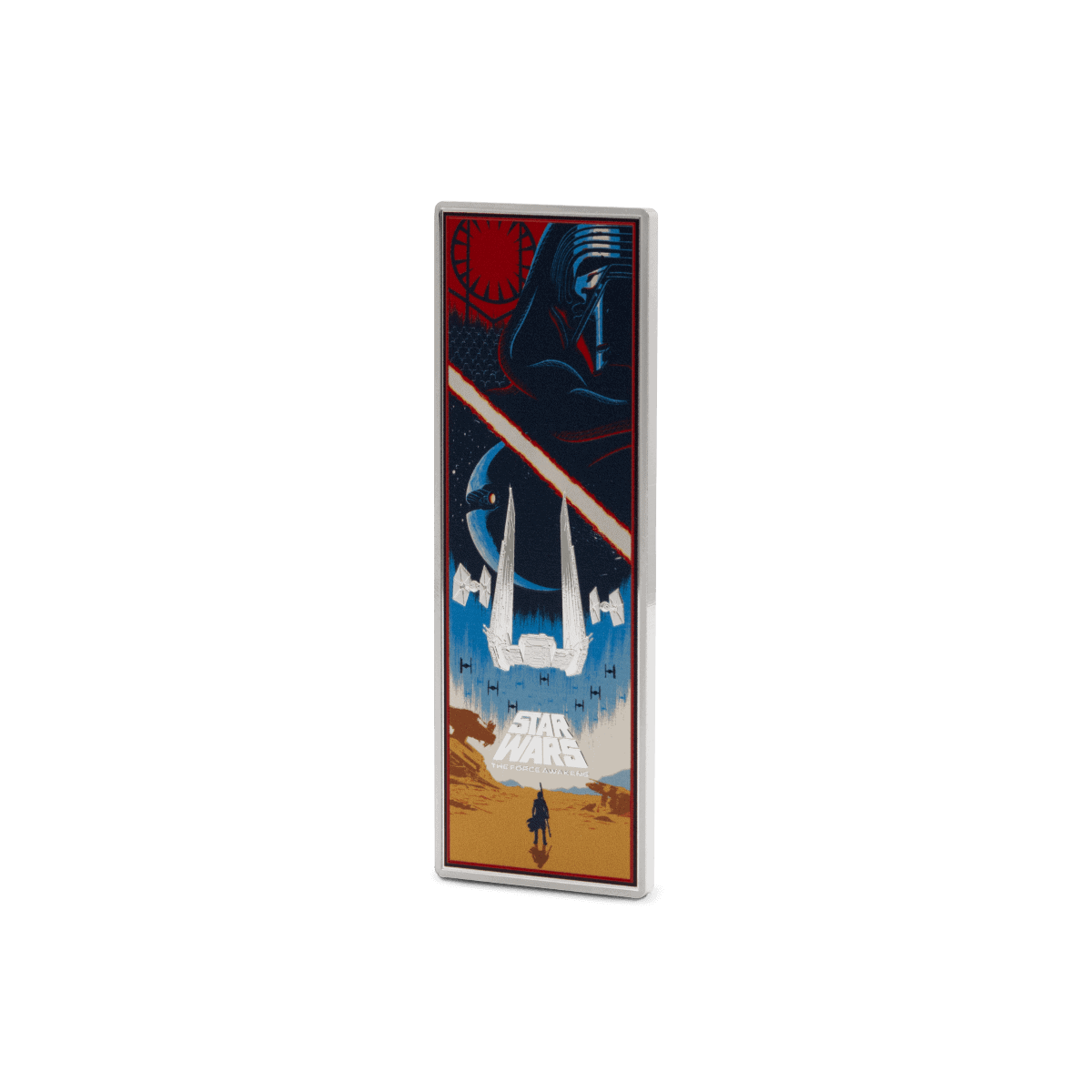 Star Wars The Force Awakens collectible coin featuring Darth Vader, TIE fighters, and desert landscape, with intricate design and vibrant colors.