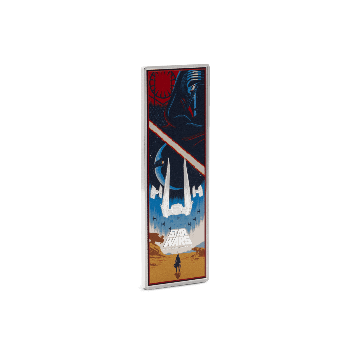 Star Wars Darth Vader collectible coin with galaxy background and TIE fighters, in a sleek rectangular case, celebrating The Force Awakens.