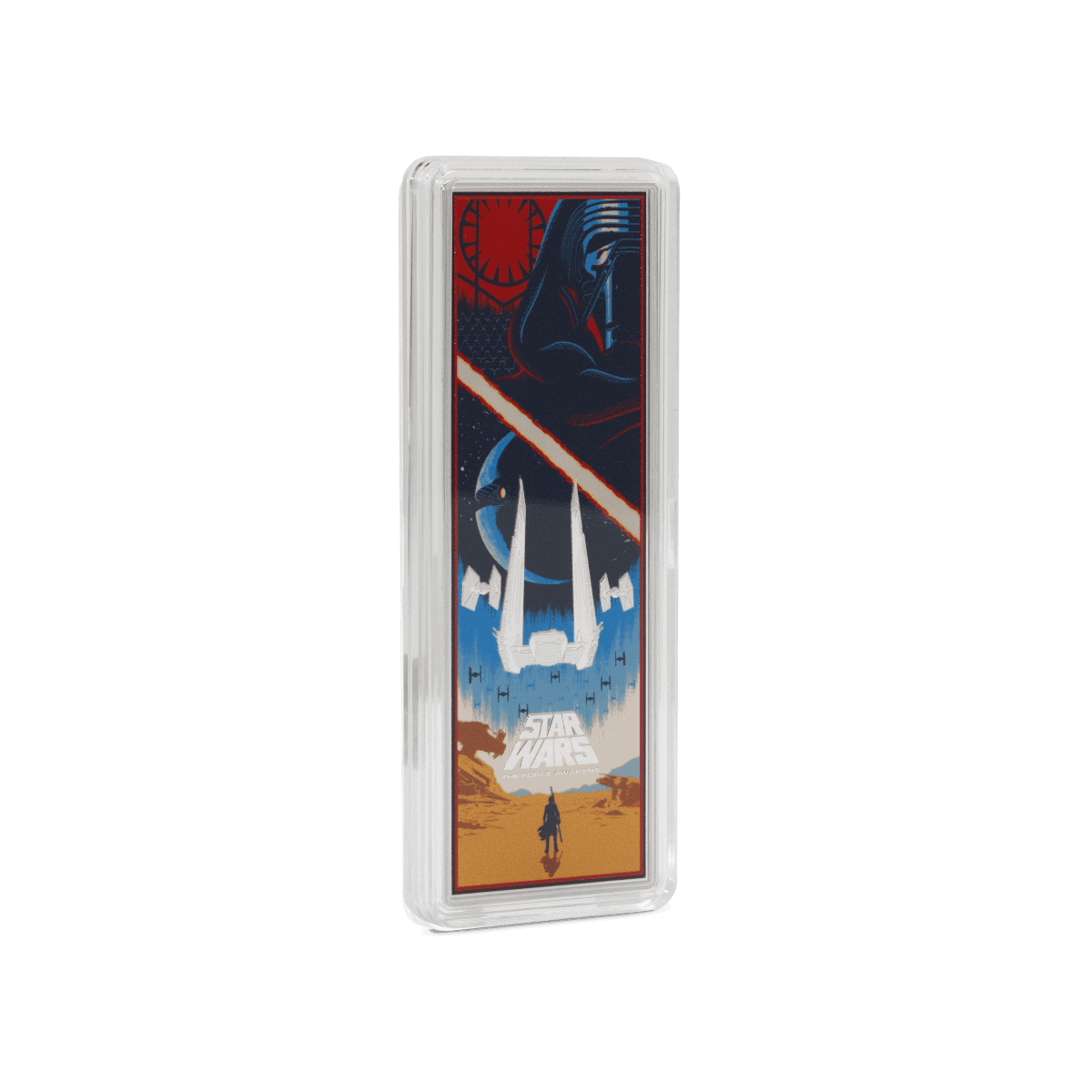 Orange, red, blue, and white Star Wars-themed collectible coin featuring Darth Vader, TIE Fighters, and the logo on a rectangular card encased in a clear plastic holder.