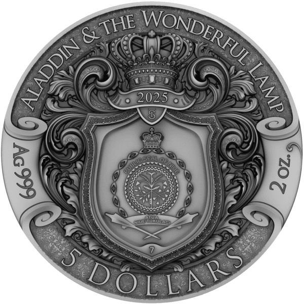 Back of the 2025 Niue Stories Aladdin and the Wonderful Lamp 2 oz Silver Antiqued Coin featuring the effigy of Queen Elizabeth II, denomination, and ornate border design.