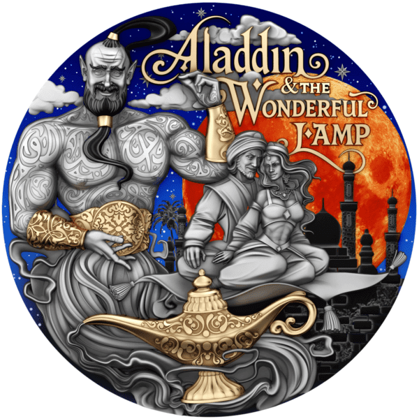 Front of the 2025 Niue Stories Aladdin and the Wonderful Lamp 2 oz Silver Antiqued Coin featuring Aladdin holding the magic lamp, with selective gilding and UV color detailing.