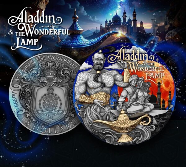 Front and back views of the 2025 Niue Stories Aladdin and the Wonderful Lamp 2 oz Silver Antiqued Coin with themed background, featuring Aladdin holding the magic lamp, swirling magical motifs, Queen Elizabeth II effigy, and ornate storytelling border.