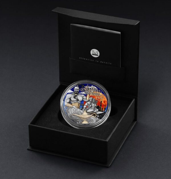 Presentation box for the 2025 Niue Stories Aladdin and the Wonderful Lamp 2 oz Silver Antiqued Coin featuring themed artwork, protective interior, and official certificate of authenticity