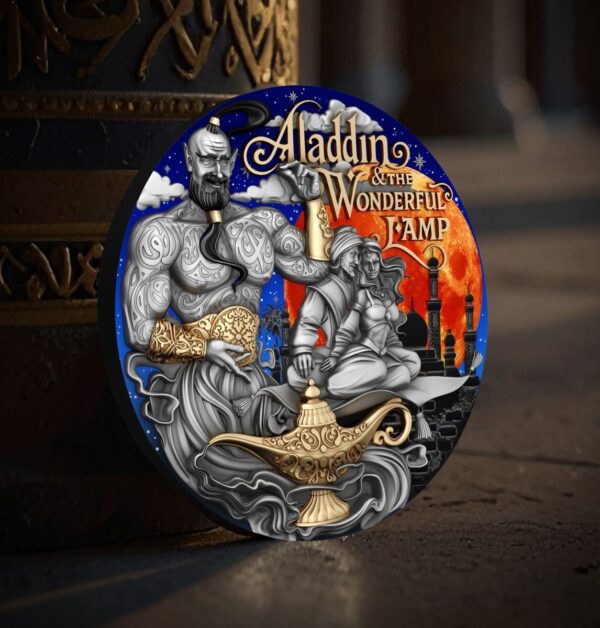 Front of the 2025 Niue Stories Aladdin and the Wonderful Lamp 2 oz Silver Antiqued Coin with themed background, featuring Aladdin holding the magic lamp, surrounded by swirling magic, selective gold gilding, and UV color highlights