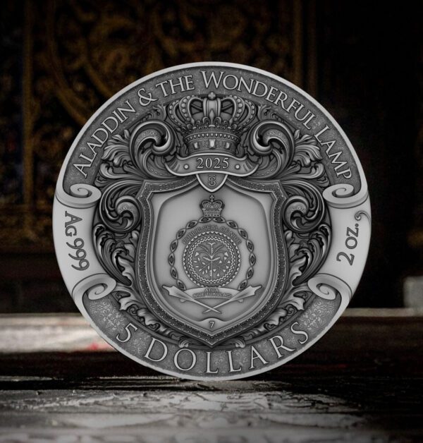 Back of the 2025 Niue Stories Aladdin and the Wonderful Lamp 2 oz Silver Antiqued Coin with themed background, featuring Queen Elizabeth II effigy, denomination, and ornate storytelling border.