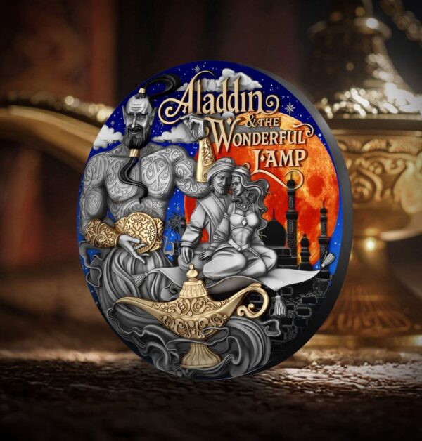 Side view of the 2025 Niue Stories Aladdin and the Wonderful Lamp 2 oz Silver Antiqued Coin with themed background, showing coin thickness, antique finish, and storytelling edge design