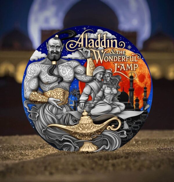 Front of the 2025 Niue Stories Aladdin and the Wonderful Lamp 2 oz Silver Antiqued Coin with themed background featuring Aladdin holding the magic lamp, surrounded by swirling magic, selective gilding, and UV color highlights.