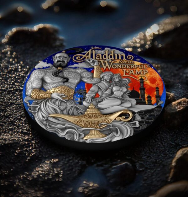 Side view of the 2025 Niue Stories Aladdin and the Wonderful Lamp 2 oz Silver Antiqued Coin with themed background, showing coin thickness, antique finish, and storytelling edge design