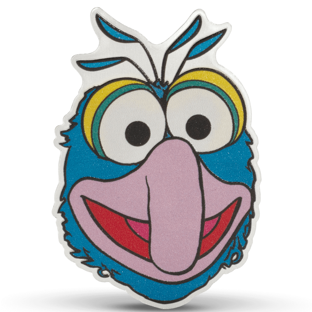 Colorful cartoon character enamel pin featuring a large pink nose, wide eyes with yellow and green rings, and a cheerful smile with a blue furry body.