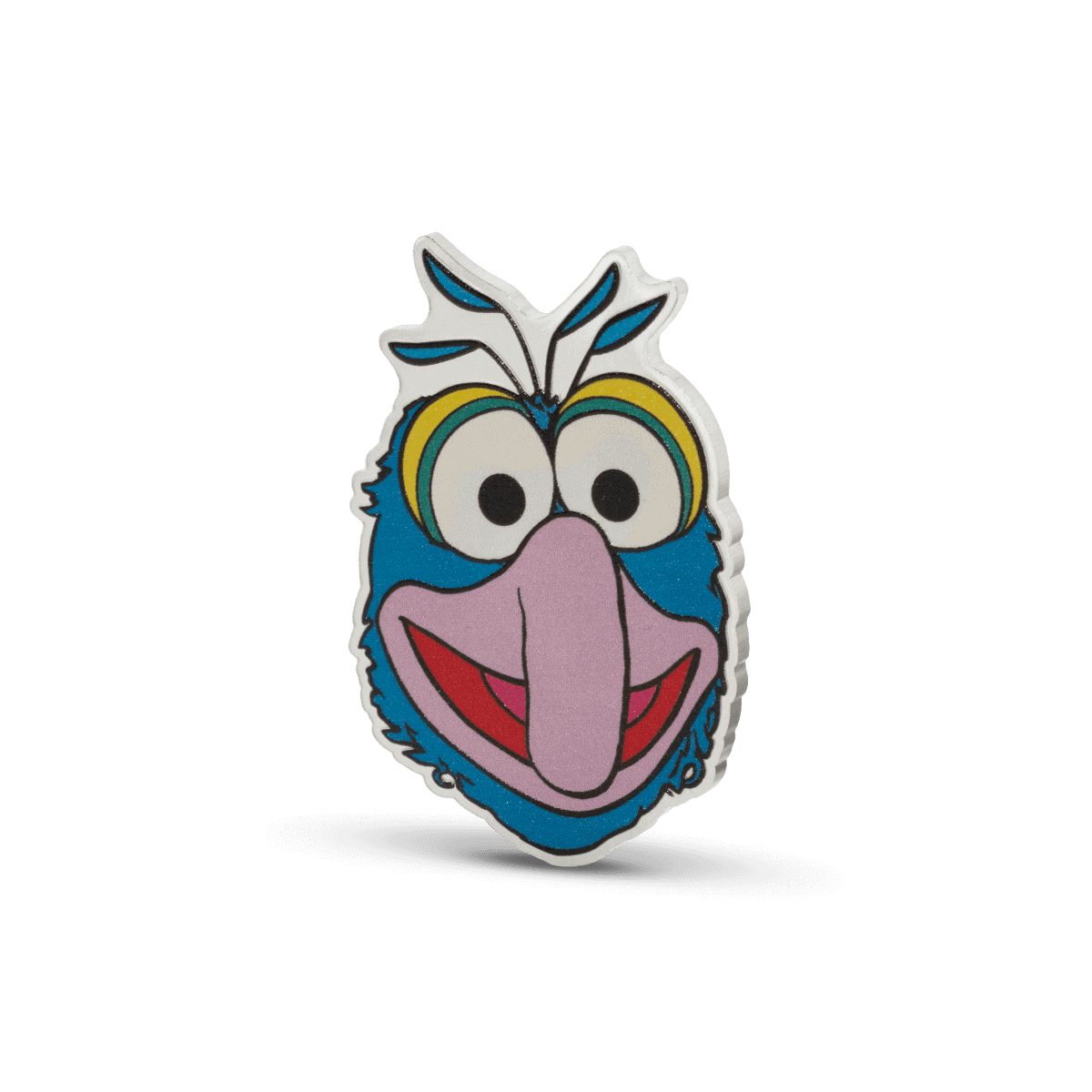 Colorful cartoon character enamel pin featuring Big Bird from Sesame Street with vibrant blue, yellow, pink, and red details.
