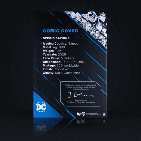 Back of the premium display box for the 2025 Samoa DC Comics Batman #227 Iconic Covers 1 oz Silver Colorized Foil, featuring product specifications and DC licensing details.