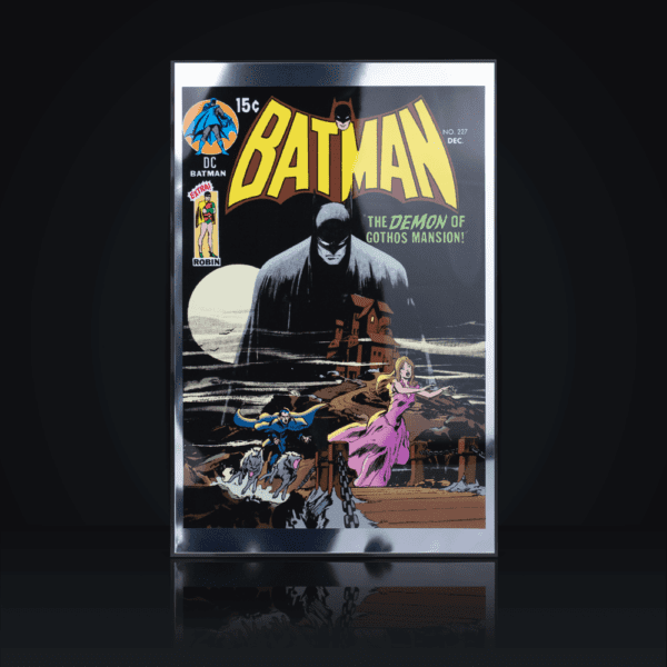 Front of the 2025 Samoa DC Comics Batman #227 Iconic Covers 1 oz Silver Colorized Foil against a black background, highlighting Neal Adams’ gothic artwork in vivid color and silver detail.