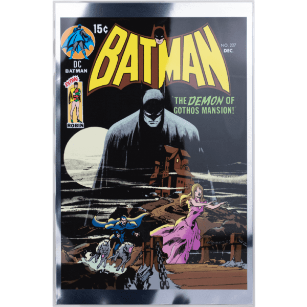 Front of the 2025 Samoa DC Comics Batman #227 Iconic Covers 1 oz Silver Colorized Foil, featuring Neal Adams’ gothic cover art with Batman looming over a moonlit castle.