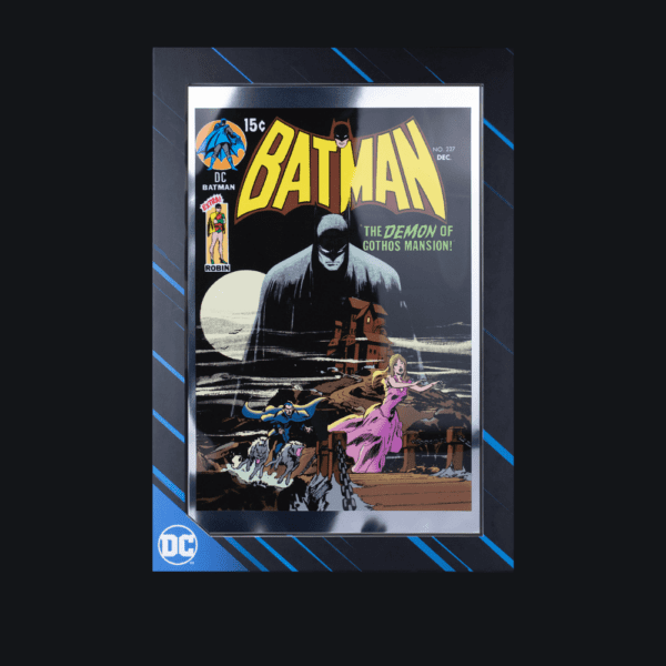 Front of the premium display box for the 2025 Samoa DC Comics Batman #227 Iconic Covers 1 oz Silver Colorized Foil, featuring DC branding and a viewing window showcasing the foil.